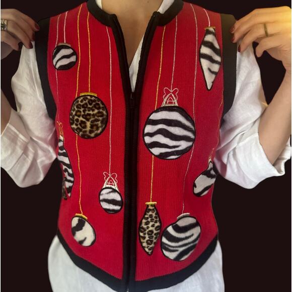 Animal Print Cheetah Zebra Christmas Ornament Zipper Sweater Vest Small Vintage - Picture 1 of 11